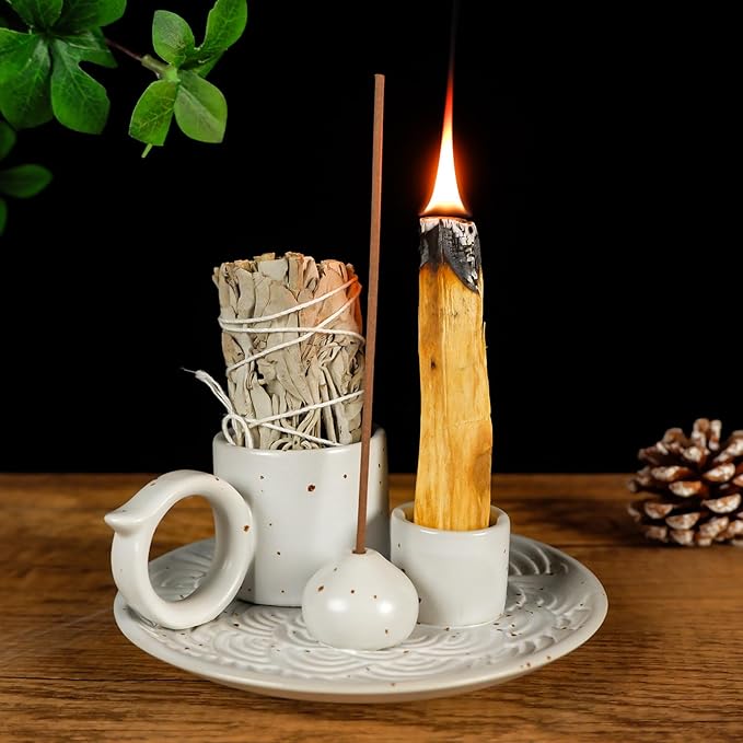 5-in-1 White Ceramic Palo Santo Burner & Holder - Small Candle and Smudge Tray for Incense Sticks & Cones, Sage, Zen Meditation Altar Accessory – Compatible with Matches for Aromatic Scents