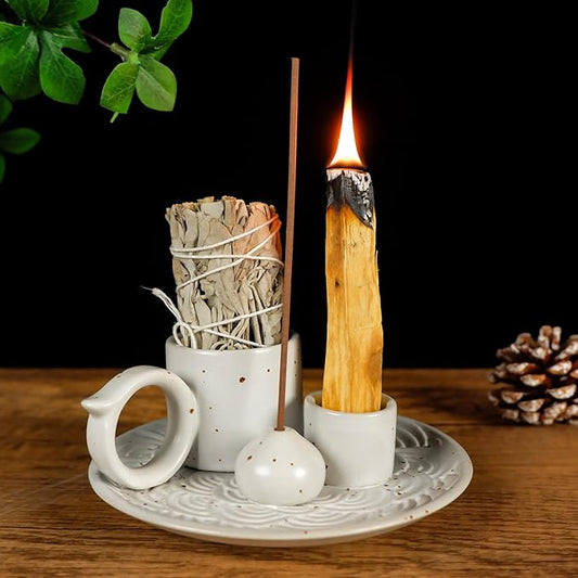 5-in-1 White Ceramic Palo Santo Burner & Holder - Small Candle and Smudge Tray for Incense Sticks & Cones, Sage, Zen Meditation Altar Accessory – Compatible with Matches for Aromatic Scents