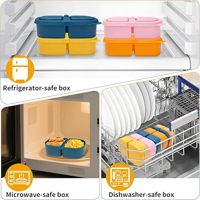 4 Pack 8.5oz 2-Compartment Snack Containers, Kids Snack Container with Leakproof Lids, Small Silicone Bento Box & Fruit Containers for Lunchbox, School, Travel, and Meal Prep