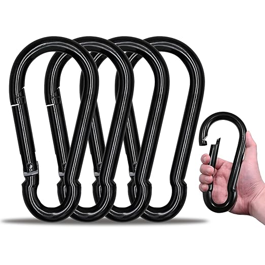 KINLINK 4 Pack Black Carabiner Clip, 7 inch Heavy Duty Spring Snap Hook, Large Carabiner Clips for Camping, Swing Set, Hammock, Hiking, Travel, Weight Lifting Machine, Home Gym Equipment