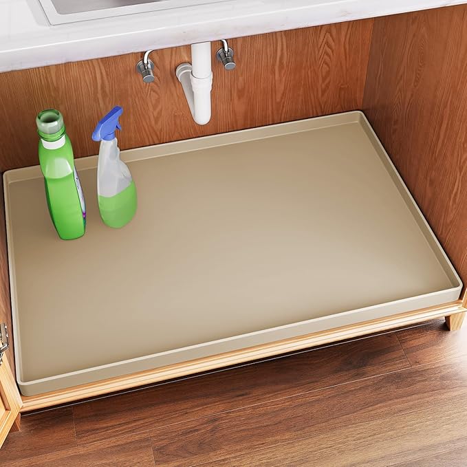 FLATO Waterproof Under Sink Mat 25" x 19" Shelf Liner for Kitchen and Bathroom, Cabinet Protector, Organizers and Storage, Flexible Silicone Drip Tray