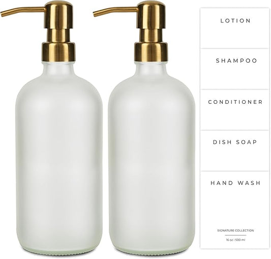 Emerson Essentials Glass Soap Bottle Dispensers, 2 Pack, Stainless-Steel Pumps Rust-Free, Hand Set for Bathroom Kitchen Sink, Liquid Lotion Shampoo Jars with 4 Waterproof Labels, 16 Oz Frost