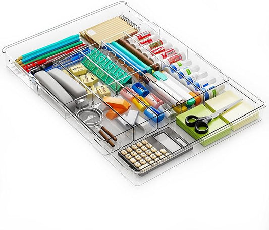 Yieach Large Expandable Desk Drawer Organizer Tray for Office Supplies and Accessories With 12 Adjustable Compartments,Office Drawer Organizers for Pencil,Pen and Kitchen Junk Drawer Organizer,Clear