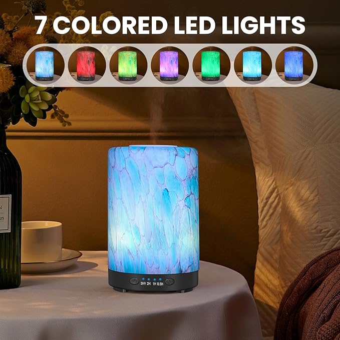 Essential Oil Diffuser, 120 ml Glass Aromatherapy Diffuser with 7 Color Lights, Auto Shut-Off and 4 Timer Settings, Ultrasonic Cool Mist Diffuser for Home Room Office (Blue Mountain)
