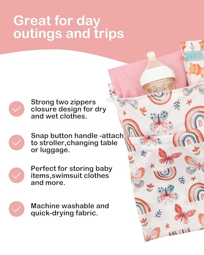 ALVABABY 2 pcs Cloth Diaper Wet Dry Bags Waterproof Reusable with Two Zippered Pockets Travel Beach Pool Daycare Soiled Baby Items Yoga Gym Bag for Swimsuits or Wet Clothes 2LM26