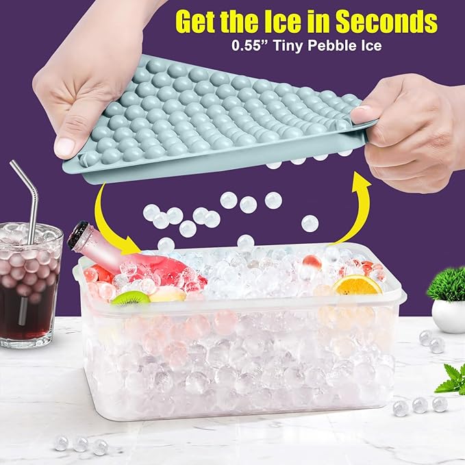 0.55in Mini Ice Cube Trays - Tiny Pebble Ice for Iced Coffee & Cocktails - Fast Chill, Easy Twist Release - Stackable with Lid, Storage Bin, Tongs, 2 Straws (4 pack, Blue)