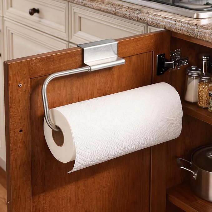 Over Cabinet Door Paper Towel Holder for Kitchen Cabinet Brushed Stainless Steel, Under Sink No Drilling Roll Dispenser for RV
