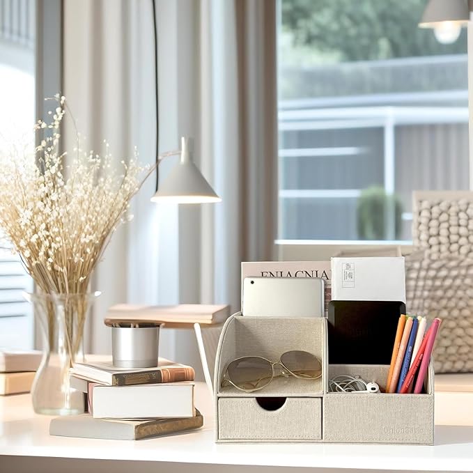 UnionBasic Desk Organizer - Multifunctional Leather Desktop Pen Holder Storage Box - Business Card/Pen/Pencil/Mobile Phone/Stationery Holder, Beige Linen Texture Revised