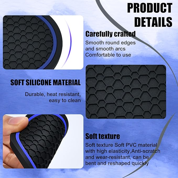 4PCS Car Cup Holder Coasters, 2.75 Inch Non-Slip Insert Cup Holder Pad, Dustproof Automotive Interior Accessories Mat, Universal for Trucks, Vehicles, RVs and More (Black/Blue)