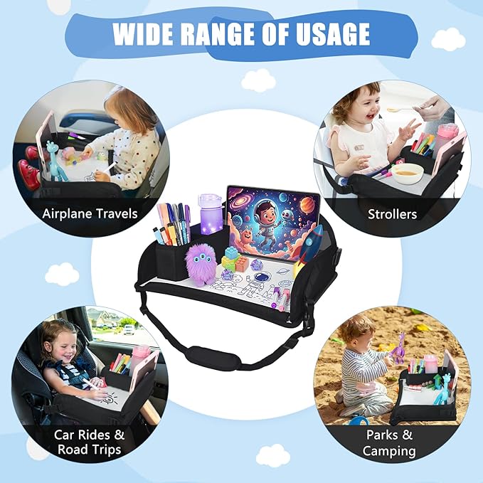 Upgraded Kids Travel Tray for Airplane - Toddler Car Seat Table Tray, Road Trip Essentials for Boys & Girls, Carseat Lap Desk for Kids Road Trip Activities, Black