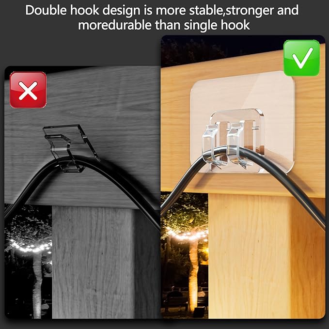 Hooks for Outdoor String Lights - 20 Pack with Adhesive Strips - No Damage, No Tools, No Holes, Waterproof and UV-Resistant, Perfect for Christmas and Patio Decor