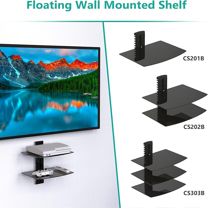 WALI Floating TV Shelf, 2 Tier Glass Projector Shelf for DVD Players, Routers, Game Consoles, Cable Boxes, Living Room Decor, Wall Mount Shelves Hold Up to 17.6lbs (CS202B), 2-Shelf, Black