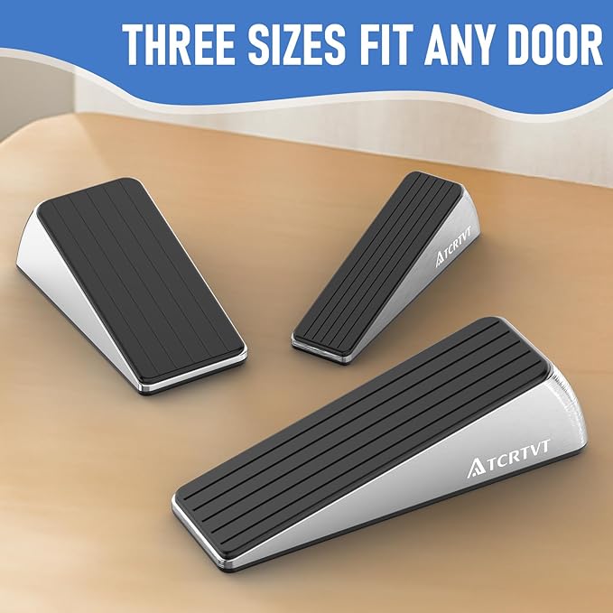 Heavy Duty Door Stopper Wedge - 2 Pack Big Size Door Stop Wedge Made of Aluminum Alloy Metal Suits Any Door, Any Floor with Set of 2 Plus Self-Adhesive Holder Satin Nickel Large Version