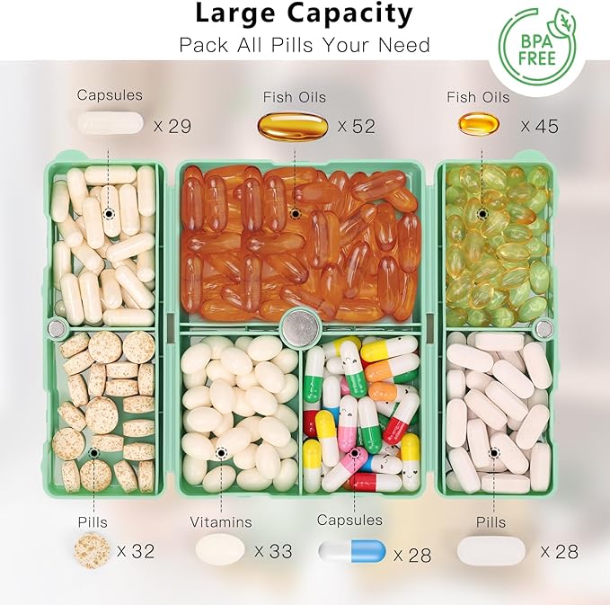 FYY 2 Pcs Daily Pill Organizer, 7 Compartments Portable Pill Case Travel Pill Organizer,[Folding Design] Pill Box for Purse Pocket to Hold Vitamins,Cod Liver Oil,Supplements and Medication-Green
