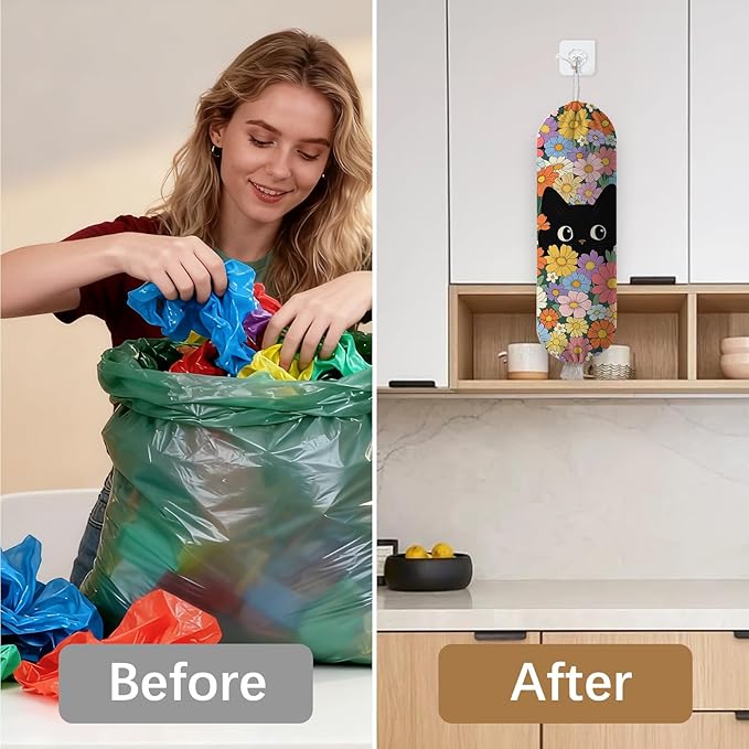 Floral Cat Plastic Bag Holder Dispenser, Plastic Grocery Bag Organizer & Wall Mount Paper Trash Bags Saver Storage for Kitchen Home Pantry Decor, Cat Kitchen Decor Shopping Bags Storage Dispenser
