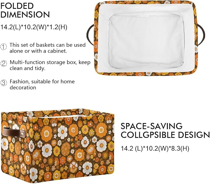 Aslsiy Storage Basket Orange 60s 70s Style Nursery Bins Retro Floral Baby Box Canvas Clothes Shelf Basket Laundry Hamper Gift Basket for Home Closet 2 Pcs
