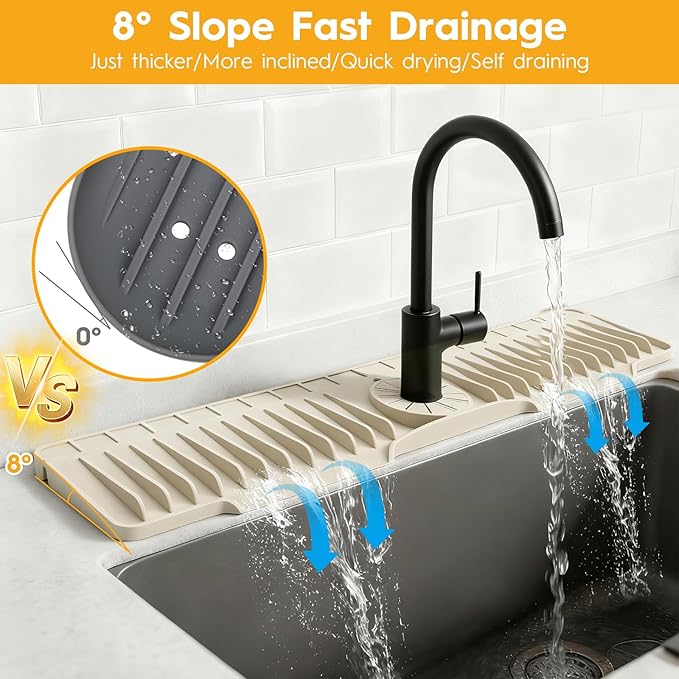 24" Silicone Faucet Mat for Kitchen Sink, Released in December 2025, 8° Slope for Fast Self-draining - Kitchen Sink Splash Guard, Bathroom Kitchen Sink Area Water Splash Guard Behind Faucet Draining Mat Beige