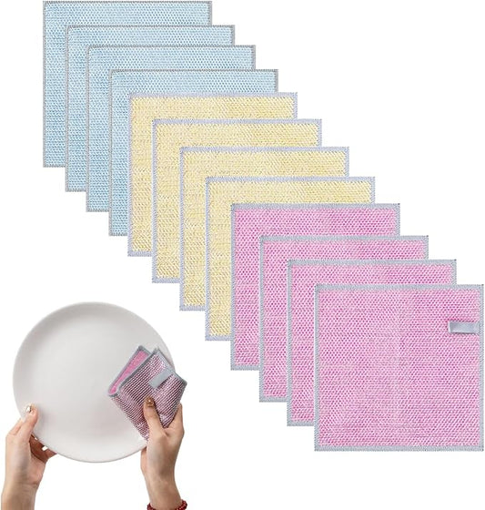 12 Pcs Non Scratch Wire Dishcloth Multipurpose Wire Dishwashing Rag for Wet and Dry Double Layers Reusable Wire Cleaning Cloths with Microfiber Cleaning Cloth, Suitable for Kitchen, Tableware, Stove