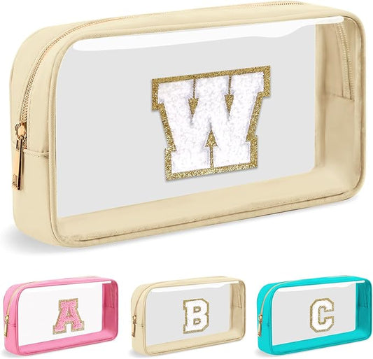 Personalized Initial Letter Clear Makeup Bag, Preppy Small Nylon & PVC Cosmetic Zipper Bag with Chenille Letter, Portable Beach Travel Skincare Toiletry Bag, Trendy Monogram Gift for Teen Girls Women, W