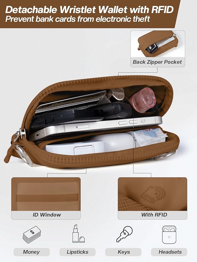 Clip and Go Strap for Phone with Wallet Crossbody Phone Lanyard Adjustable and Detachable RFID Wristlet Wallet with ID Window and Zipper, Brown Large