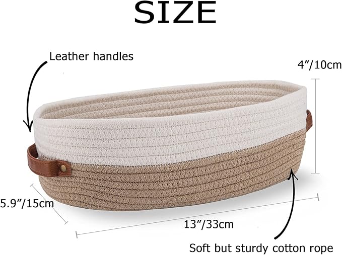 2 Pack Cotton Rope Bathroom Decor Basket,Toilet Paper Holder Basket,Farmhouse Home Decor Organizing Baskets 13"x5.9"x4" Brown Stitching White