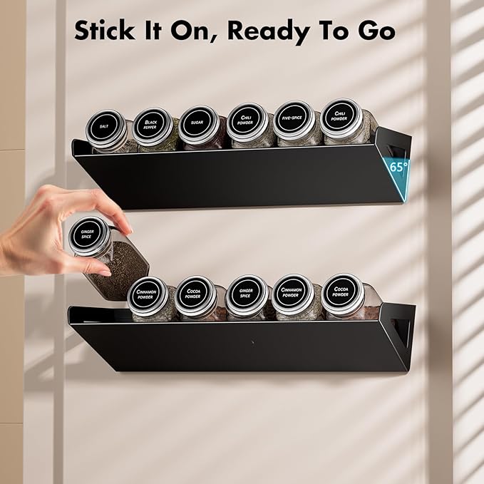 2 Pack Magnetic Spice Rack for Refrigerator,Black Fridge Kitchen Organizer and Storage Shelf,Tilted Magnetic Shelf Fridge Organizer for Easy to access