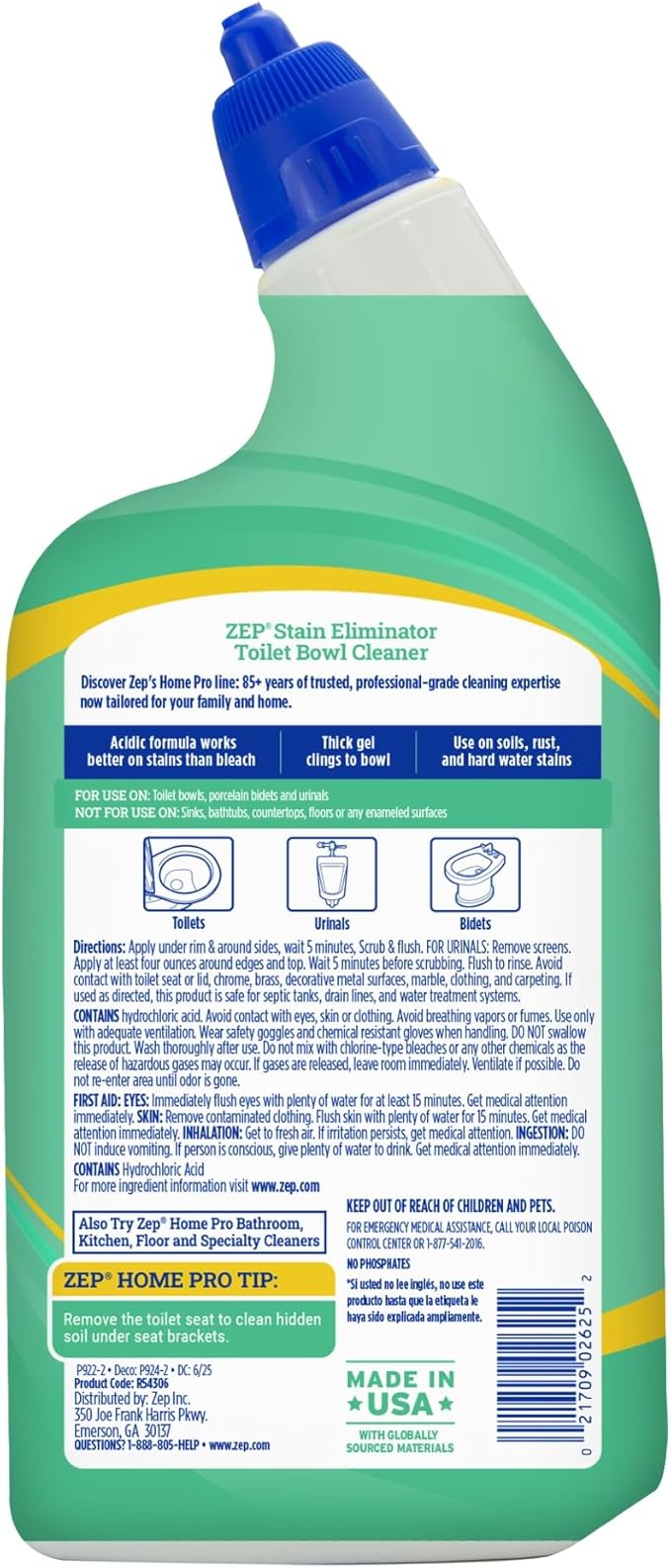 Zep Home Pro Pro-Strength Stain Eliminator Toilet Bowl Cleaner - 24 FL OZ (1 Pack) - Dissolves Tough Limesacle and Rust Stains