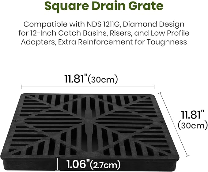 Calvana 2 Pack 12 Inch Catch Basin Drain Grate, Fiberglass Reinforced Polyethylene Square Drain Cover for Yard Patio Driveway Drainage, Black