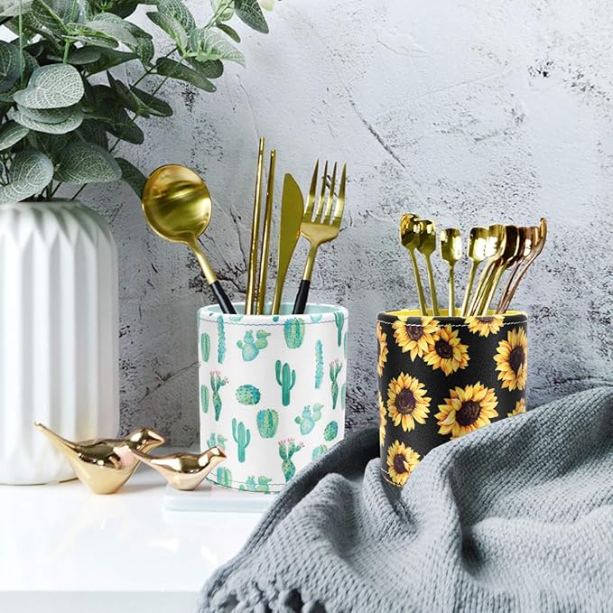 WAVEYU Pen Holder, Pencil Cup Desk for Women Girls, Luxury Makeup Brush Holder Large Pu Leather Multi-Functional Organizer Cup for Office, Classroom, Home, Sunflower