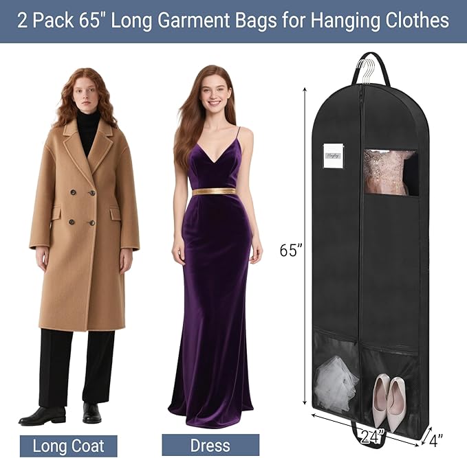 2 Pack 65" Long Garment Bags for Dress Travel Garment Bag with 4" Gusseted Wedding Dress Cover with 2 Mesh Pockets and 2 Carry Handles(Black)