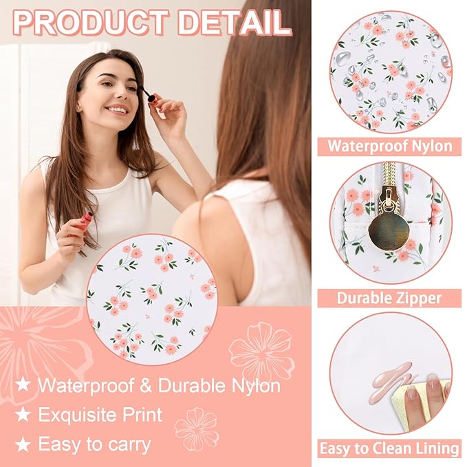 Waterproof Small Floral Makeup Bag Pouch for Purse, Nylon Flower Cosmetic Bag Preppy Travel Toiletry Storage Bag for Women Girl, Cute Makeup Organizer Bag Skincare Bag with Zipper (Small White-Flowers)
