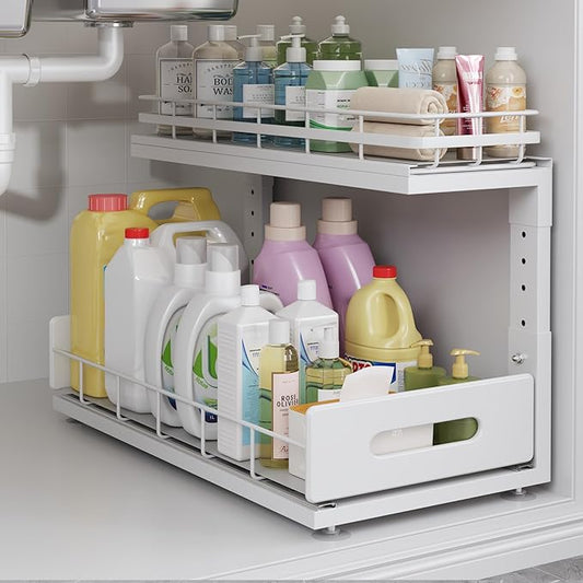 1 Pack 18 IN Depth Under Sink Organizer with Smooth Ball Bearing Slides,2-Tier Pull Out Cabinet Storage,Slide Out Drawers for Bathroom&Kitchen,Rust-resistant Coating,Height Adjustable-White