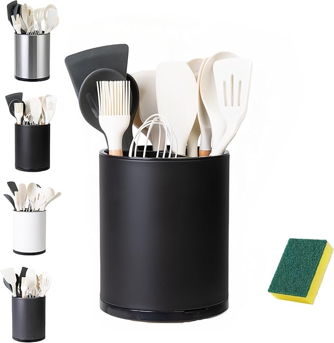 Utensil Holder, Large 360° Rotating Kitchen Utensil Holder For Counter, Cooking Silverware Organizer, Stainless Steel Caddy, Flatware, Spoon, Spatula, Tool, Cutlery Container