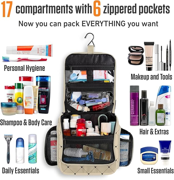 VENTURE 4TH Hanging Travel Toiletry Bag for Women & Men – Large Toiletry Organizer with 17 Compartments, Removable TSA Pouch, Travel Wash Bag for Toiletries, Makeup & Shaving Kit (Beige Diamonds)