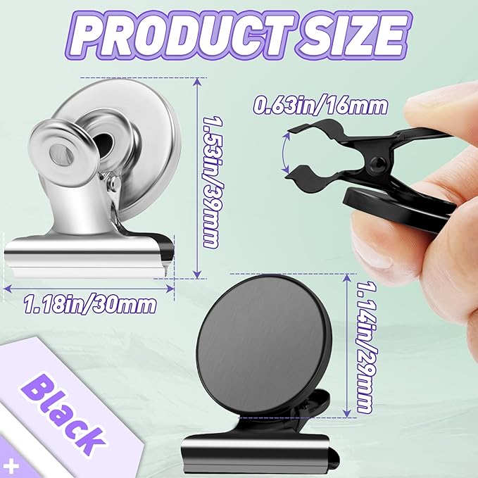 VNDUEEY Refrigerator Magnets, 24 Pack Fridge Magnet Strong Magnetic Clips for Whiteboard, Office, Locker, Photo Displays, Durable Magnet Clips for Fridge(Black&Silver)