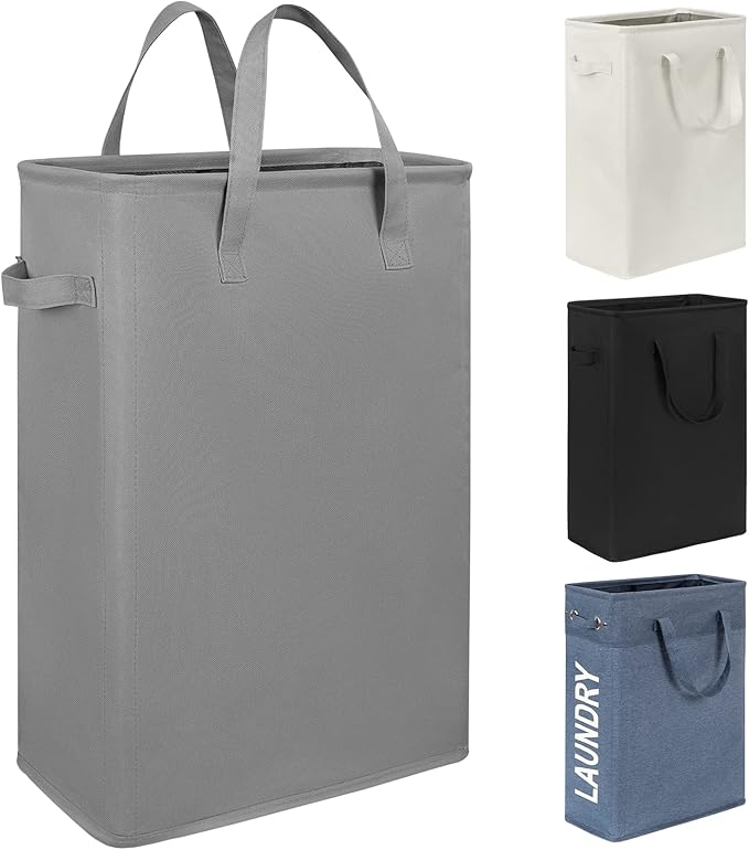 Chrislley 45L Slim Laundry Hamper Narrow Laundry Basket with Handle Foldable Dirty Clothes Portable Skinny Hamper Organizer Storage Bins (22 inches, grey)