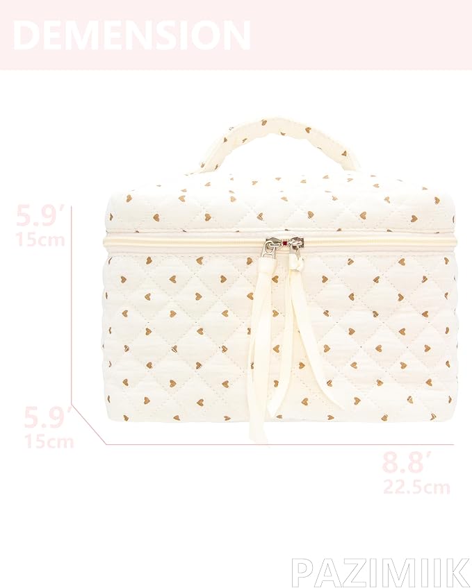 PAZIMIIK Quilted Makeup Bag Large Travel Zipper Soft Cosmetic Case for Women Girls Make Up, Gauze Heart Coffee