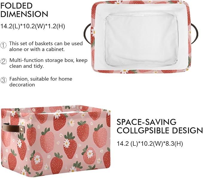 Aslsiy Storage Basket Fresh Strawberry Pink Nursery Bins Baby Toys Box Canvas Clothes Shelf Basket Laundry Hamper Gift Basket for Home Closet 2 Pcs