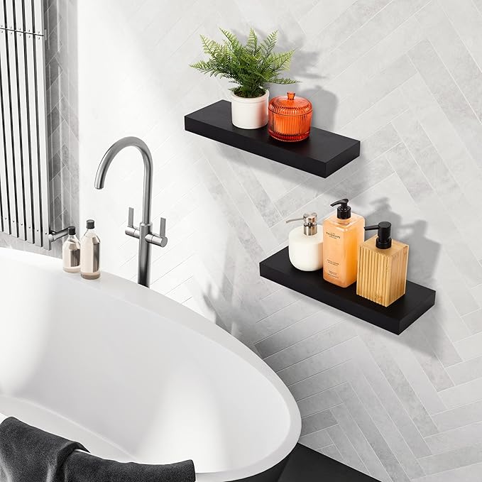 Sorbus Floating Shelves for Wall - Set of 3 Black Wood Shelves for Living Room, Kitchen, Bedroom, Bathroom Storage - 16" Book Shelf for Wall Decor, Home Decor, Farmhouse, Frames & Trophy Display