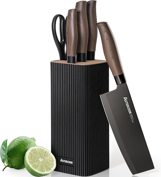 Astercook Knife Set, 6-Piece Kitchen Knife Set with Block, High Carbon Stainless Steel Ultra Sharp Kitchen Knives, Wood Grain Handle, Dishwasher Safe Knife Block Set, Black, Mothers Day Gifts