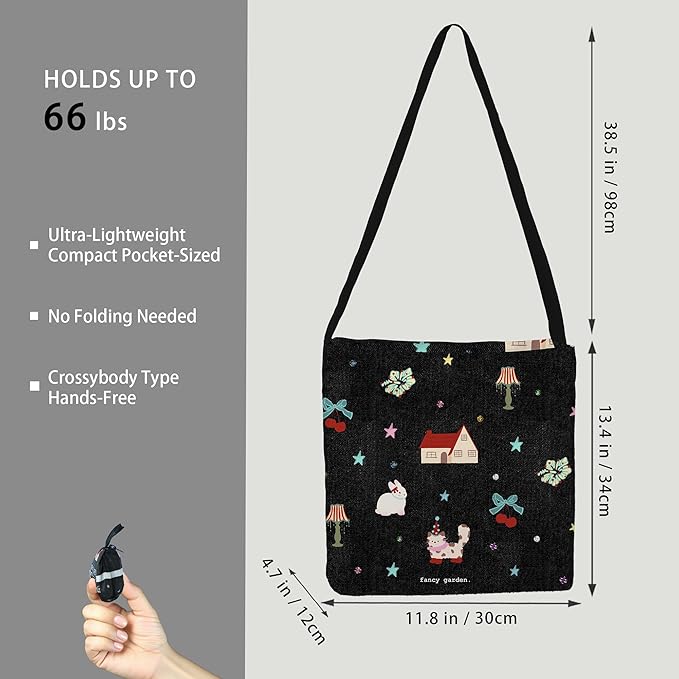 BeeGreen Black Red House Ultimate Crossbody Tote Bag - Reusable Grocery Shopping Bag - Foldable Compact Portable Lightweight Duffle Bags