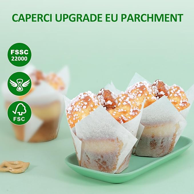 Caperci White Parchment Paper Tulip Cupcake Muffin Liners - European Non-stick Paper Baking Cups Cupacke Wrappers for Party, Wedding, Christmas, Birthday (150pcs)