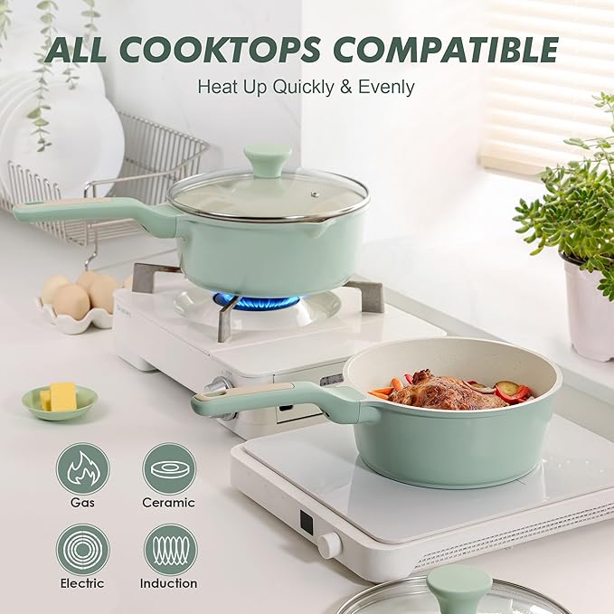SENSARTE Ceramic Nonstick Saucepan with Lid 1.5 Quarts, Small Kitchen Cooking Pot with Stay Cool Handle, Induction Compatible, Ceramic Coating, Free of Intentionally Added PTFE/PFOA/PFAS, Green
