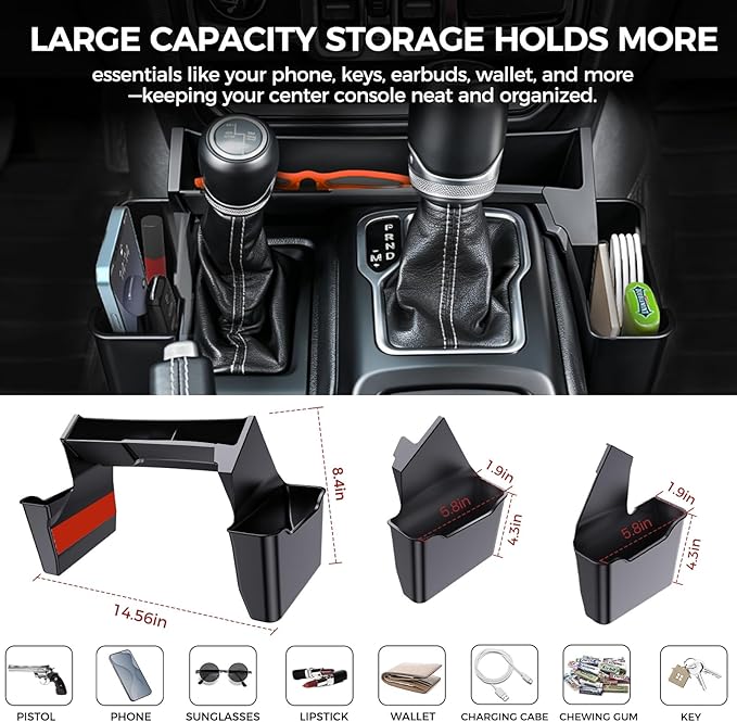 DIAMOOKY 4PCS Upgraded Center Console Organizer for Jeep Wrangler JL JLU 4xe 2018-2026 & Gladiator JT 2020-2024 2025 2026 Accessories Gear Shift Side Tray Hanging Armrest Storage Box (Not for JK/JKU)