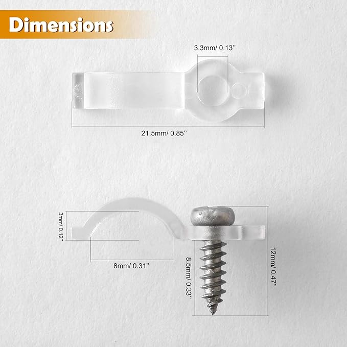 100 Pack Strip Light Mounting Brackets,Fixing Clips,One-Side Fixing,100 Screws Included (For 8mm Wide Waterproof Strip Lights)
