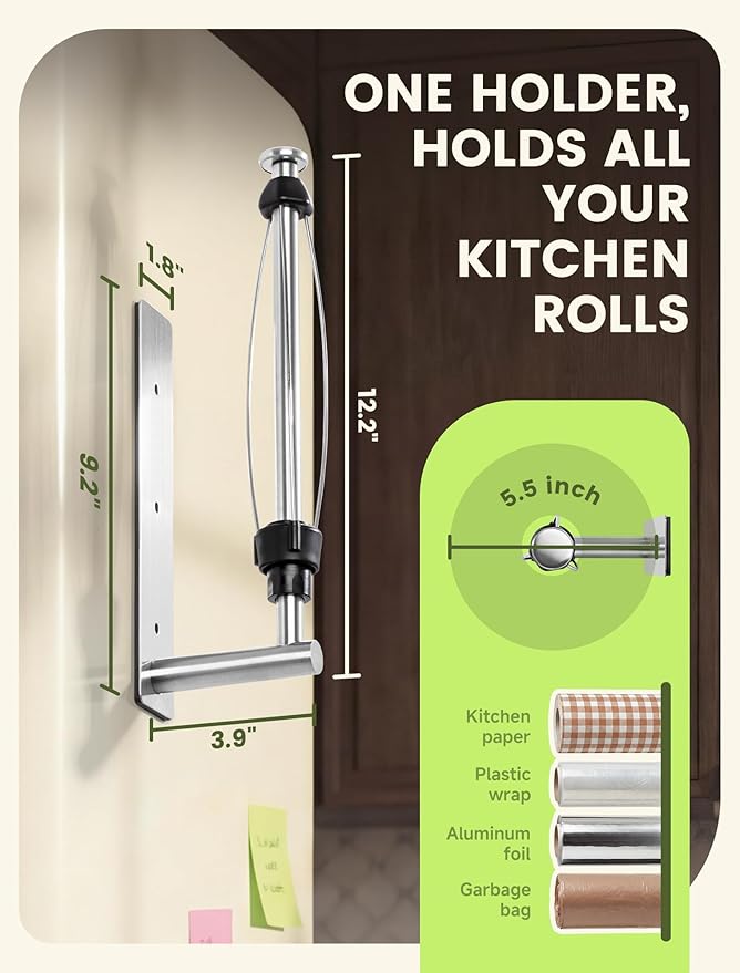 INMAKER Magnetic Paper Towel Holder, Strong Magnet Paper Towel Holder for Fridge, Kitchen, RV, Garage, Grill with Self Adhesive Wall Mount and Screws, One Hand Tear with Adjustable Damping (Silver)