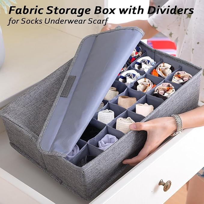AARAINBOW 2 Packs Underwear Socks Ties Storage Organizer with Lids Foldable Closet Drawer Organizer 60 Cells, Fabric Wardrobe Divider Storage Boxes for Scarves and Lingerie (30 Cell, 2 Coffee)