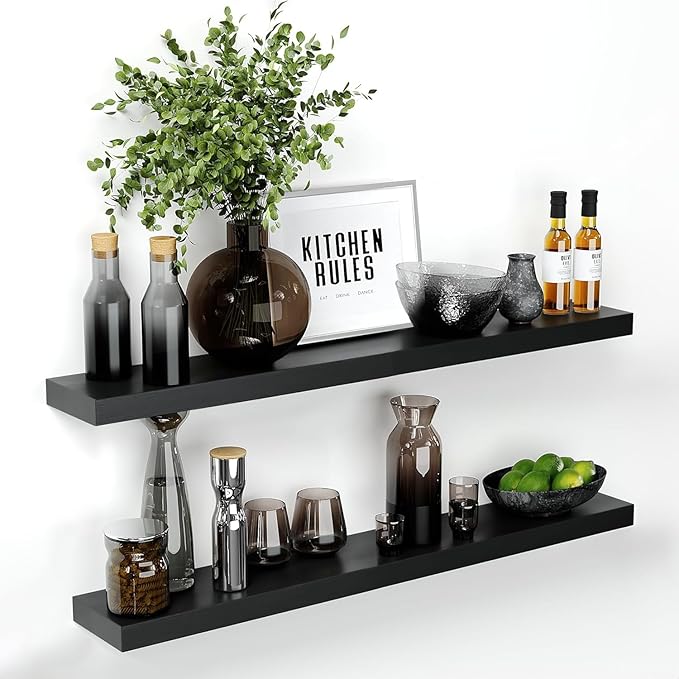 Homeforia Floating Black Shelf 42 inch, High-End Solid Real Wood 42 inches Long Floating Shelves for Wall, Black Wooden 42inch Large Floating Shelves, Heavy Duty Bracket, 42 X 6.5 X 1.75 in, Set of 3