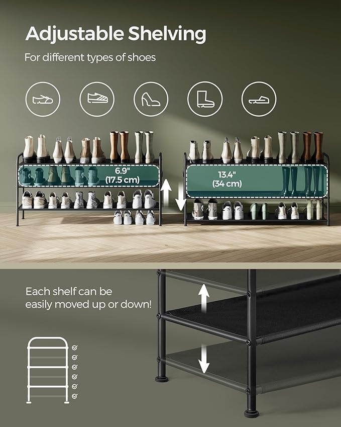 SONGMICS Shoe Rack, 3-Tier Shoe Organizer, Fabric Shoe Shelf Storage with 4 Hooks, Holds up to 18 Pairs of Shoes, Height-Adjustable Shoe Rack for Entryway, Hallway, Closet, Easy Assembly, Ink Black
