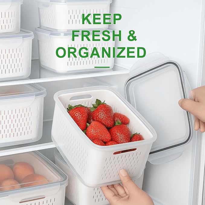 3 Pack Airtight Food Storage Containers with Lids – Refrigerator Organizer Bins with Removable Drain Basket, BPA-Free Fridge Produce Saver for Fruits & Vegetables, Stackable Kitchen Storage Boxes